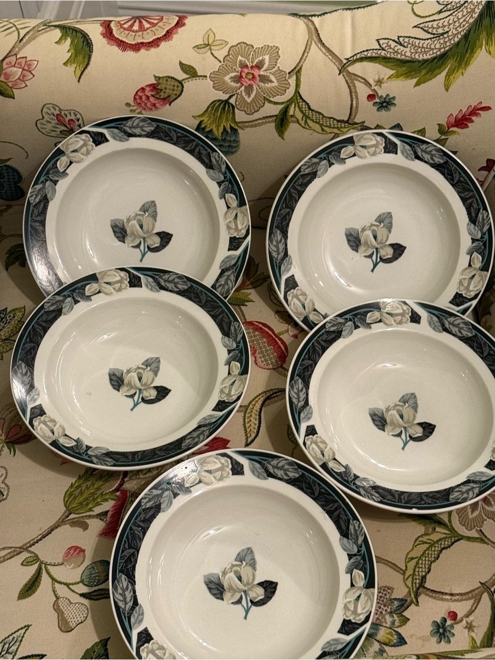 White Floral Ceramic Dinner Bowls - Set of 5